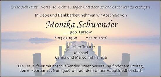 Traueranzeige von Monika Schwender von SÜDWEST PRESSE Ausgabe Ulm/Neu-Ulm