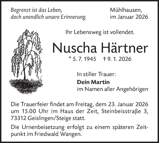 Traueranzeige von Nuscha Härtner von Geislinger Zeitung