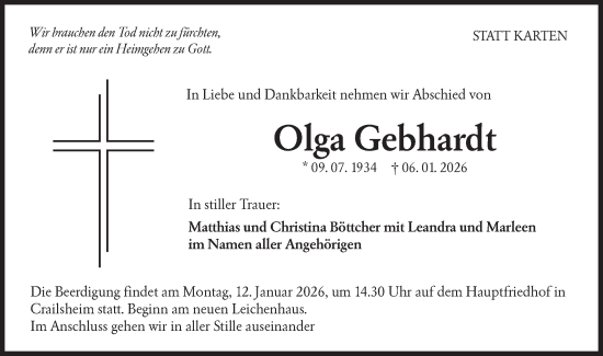 Traueranzeige von Olga Gebhardt von Hohenloher Tagblatt