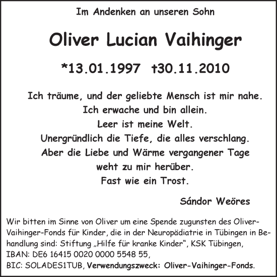 Traueranzeige von Oliver Lucian Vaihinger von Schwäbische Tagblatt