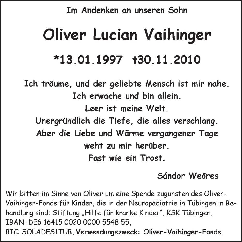  Traueranzeige für Oliver Lucian Vaihinger vom 13.01.2026 aus Schwäbische Tagblatt