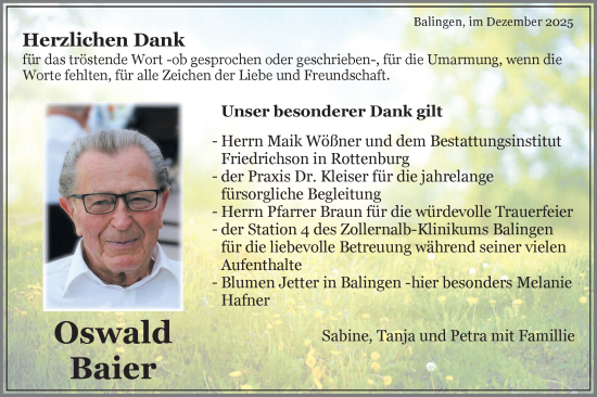Traueranzeige von Oswald Baier von SÜDWEST PRESSE Zollernalbkreis/Hohenzollerische Zeitung