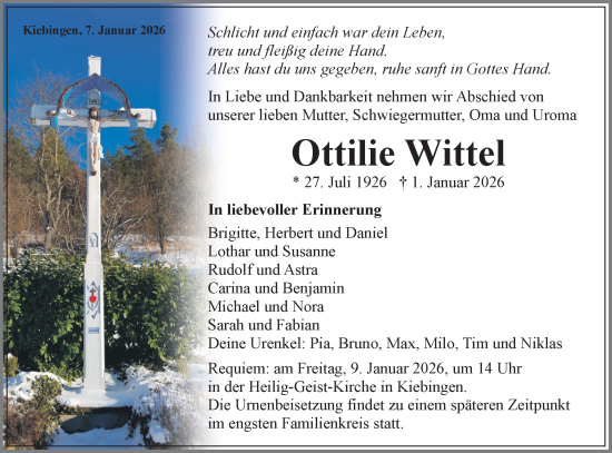 Traueranzeige von Ottilie Wittel von Schwäbische Tagblatt