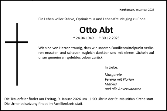 Traueranzeige von Otto Abt von SÜDWEST PRESSE Zollernalbkreis/Hohenzollerische Zeitung