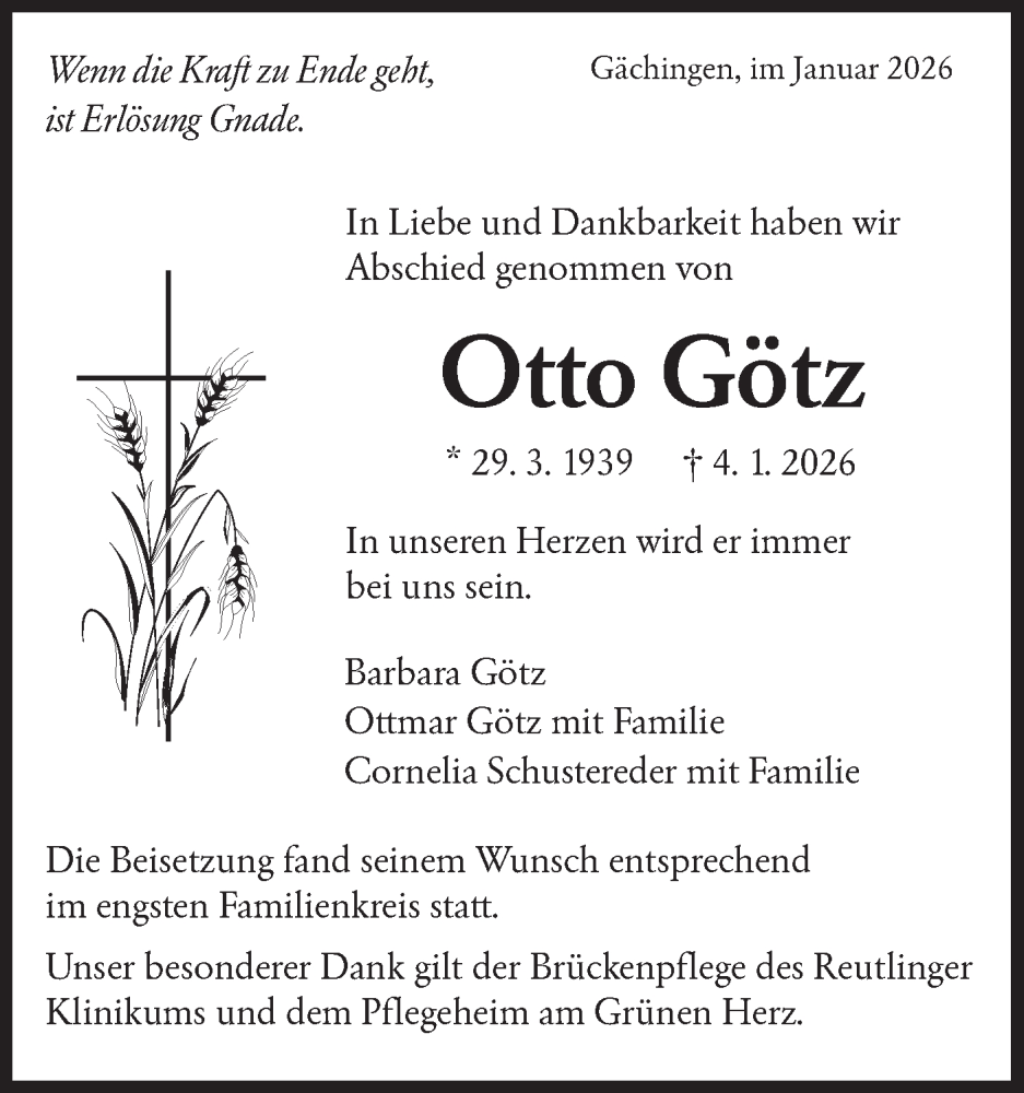  Traueranzeige für Otto Götz vom 24.01.2026 aus Alb-Bote/Metzinger-Uracher Volksblatt
