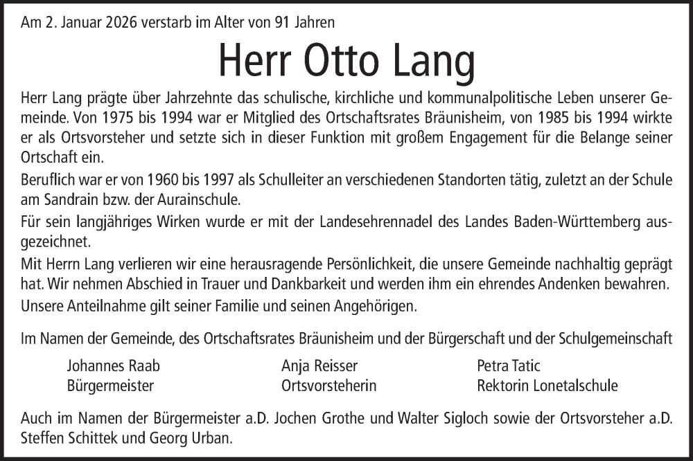  Traueranzeige für Otto Lang vom 24.01.2026 aus Geislinger Zeitung