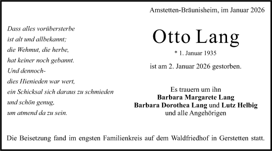 Traueranzeige von Otto Lang von SÜDWEST PRESSE Ausgabe Ulm/Neu-Ulm