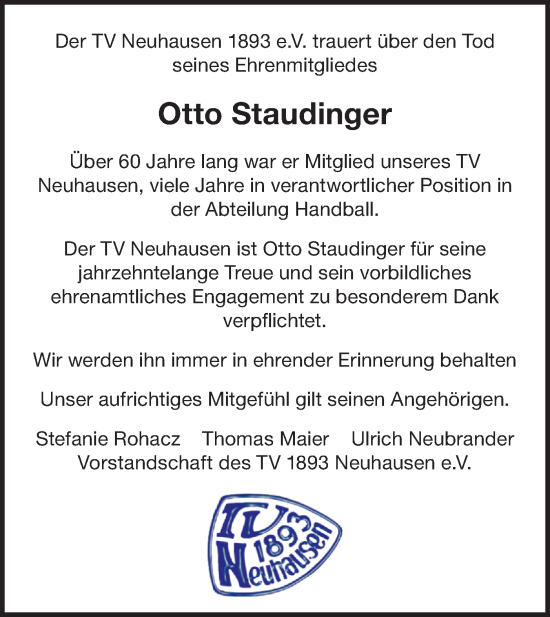 Traueranzeige von Otto Staudinger von Alb-Bote/Metzinger-Uracher Volksblatt