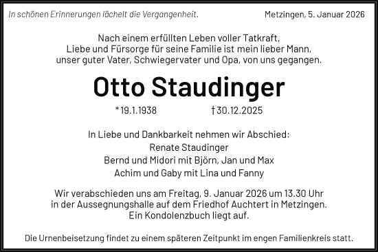 Traueranzeige von Otto Staudinger von Alb-Bote/Metzinger-Uracher Volksblatt
