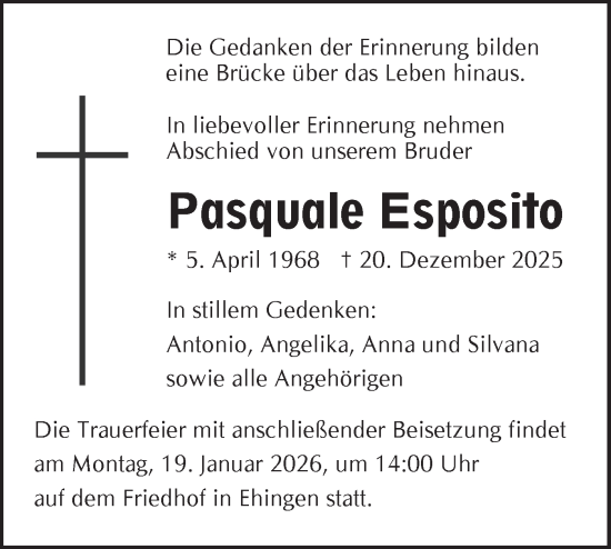 Traueranzeige von Pasquale Esposito von Ehinger Tagblatt
