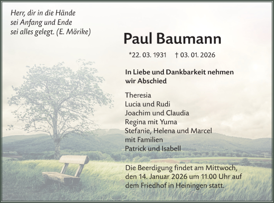 Traueranzeige von Paul Baumann von NWZ Neue Württembergische Zeitung