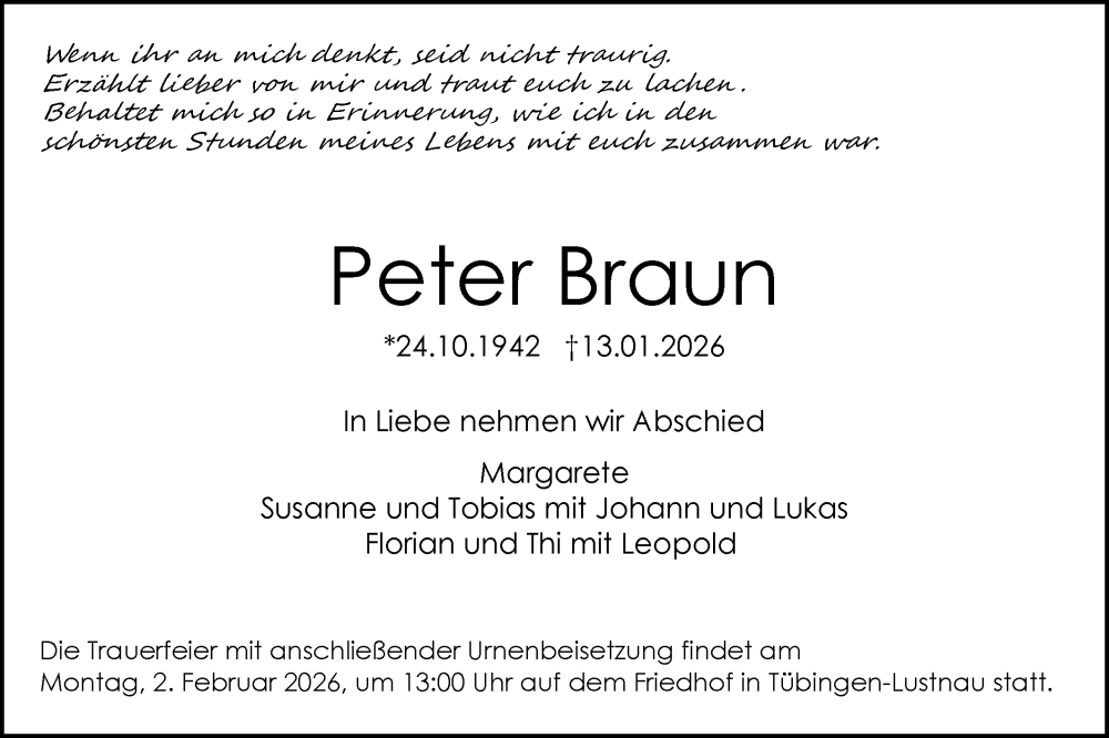  Traueranzeige für Peter Braun vom 24.01.2026 aus Schwäbische Tagblatt