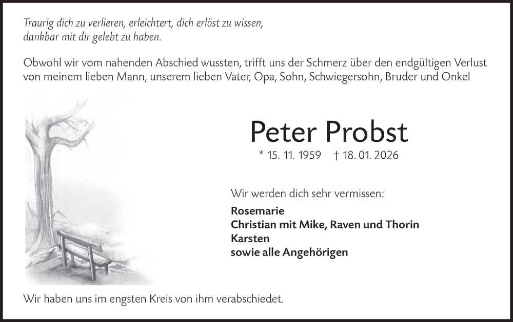  Traueranzeige für Peter Probst vom 24.01.2026 aus Hohenloher Tagblatt