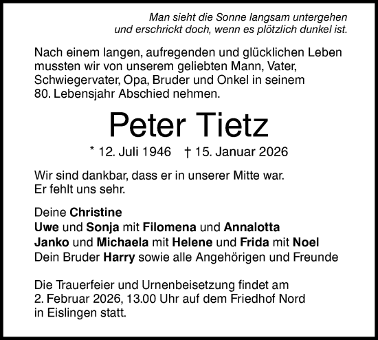 Traueranzeige von Peter Tietz von NWZ Neue Württembergische Zeitung