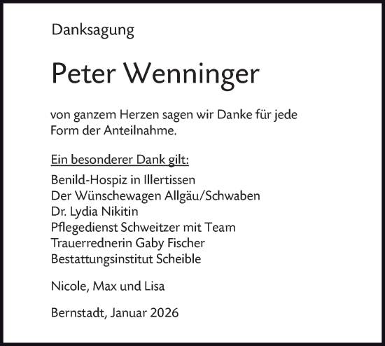 Traueranzeige von Peter Wenninger von SÜDWEST PRESSE Ausgabe Ulm/Neu-Ulm