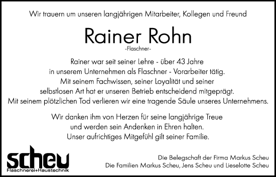 Traueranzeige von Rainer Rohn von Hohenloher Tagblatt