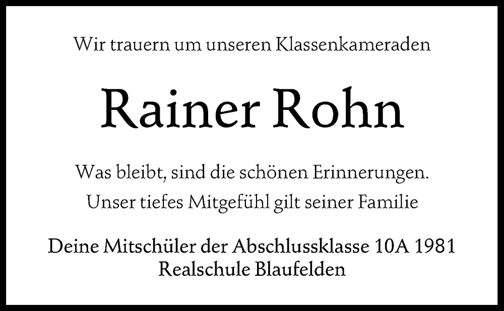  Traueranzeige für Rainer Rohn vom 09.01.2026 aus Hohenloher Tagblatt