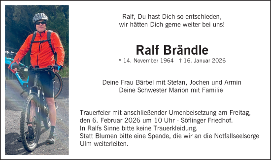 Traueranzeige von Ralf Brändle von SÜDWEST PRESSE Ausgabe Ulm/Neu-Ulm