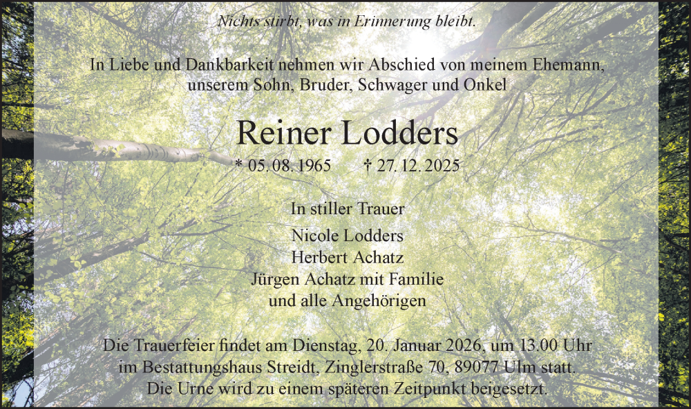  Traueranzeige für Reiner Lodders vom 03.01.2026 aus SÜDWEST PRESSE Ausgabe Ulm/Neu-Ulm