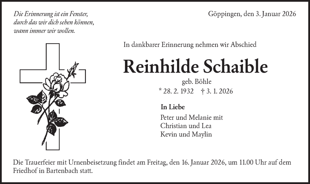  Traueranzeige für Reinhilde Schaible vom 10.01.2026 aus NWZ Neue Württembergische Zeitung