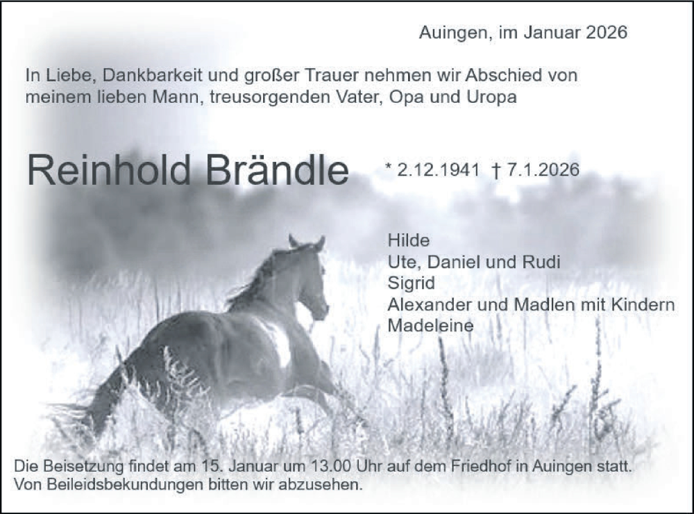  Traueranzeige für Reinhold Brändle vom 12.01.2026 aus Alb-Bote/Metzinger-Uracher Volksblatt