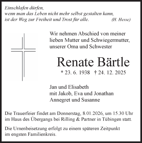 Traueranzeige von Renate Bärtle von Schwäbische Tagblatt