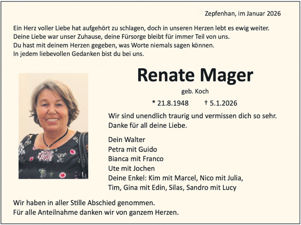  Traueranzeige für Renate Mager vom 13.01.2026 aus SÜDWEST PRESSE Zollernalbkreis/Hohenzollerische Zeitung