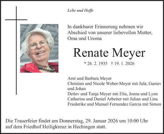 Traueranzeige von Renate Meyer von SÜDWEST PRESSE Zollernalbkreis/Hohenzollerische Zeitung