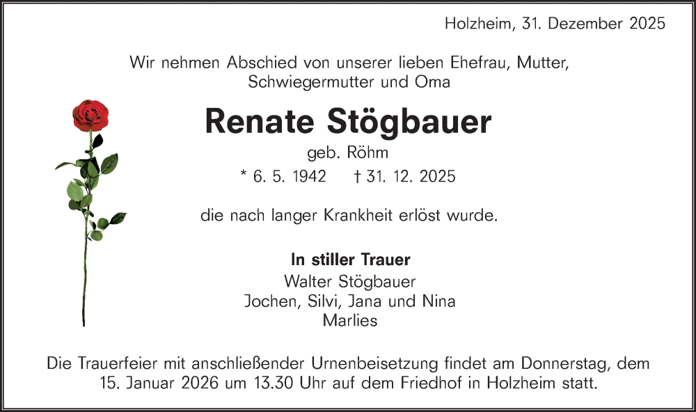  Traueranzeige für Renate Stögbauer vom 10.01.2026 aus NWZ Neue Württembergische Zeitung