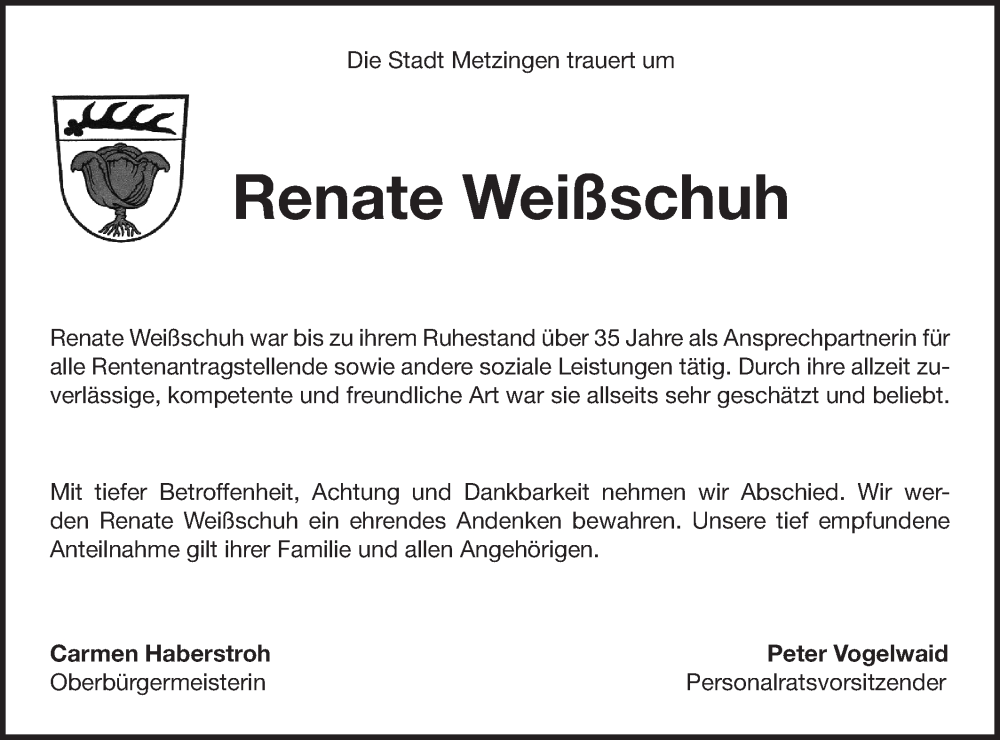  Traueranzeige für Renate Weißschuh vom 10.01.2026 aus Alb-Bote/Metzinger-Uracher Volksblatt