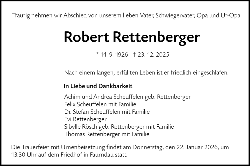  Traueranzeige für Robert Rettenberger vom 17.01.2026 aus NWZ Neue Württembergische Zeitung