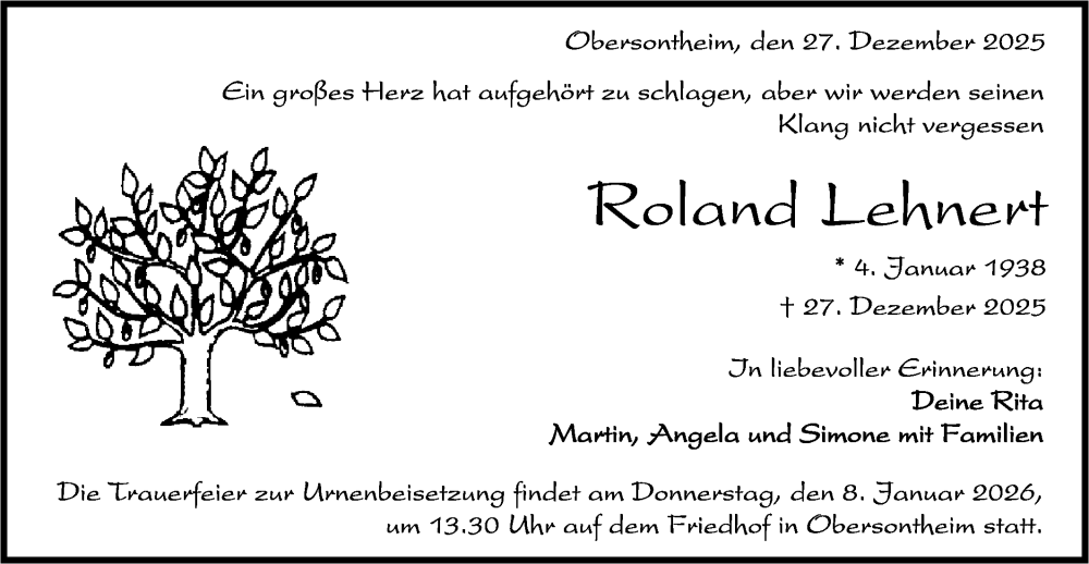  Traueranzeige für Roland Lehnert vom 02.01.2026 aus Haller Tagblatt