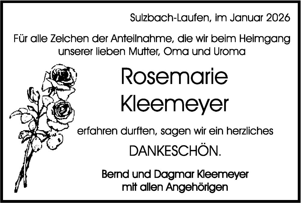  Traueranzeige für Rosemarie Kleemeyer vom 10.01.2026 aus Rundschau Gaildorf