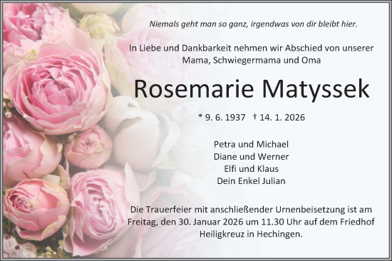 Traueranzeige von Rosemarie Matyssek von SÜDWEST PRESSE Zollernalbkreis/Hohenzollerische Zeitung