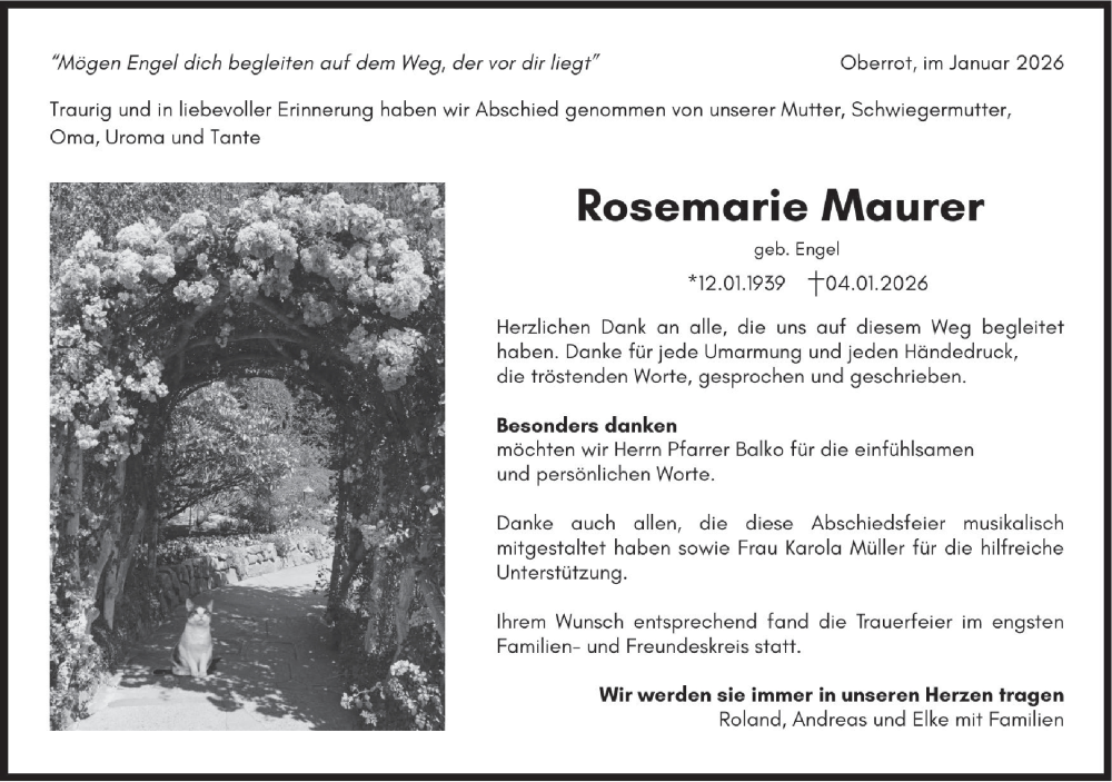  Traueranzeige für Rosemarie Maurer vom 21.01.2026 aus Rundschau Gaildorf