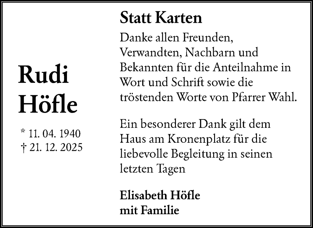  Traueranzeige für Rudi Höfle vom 10.01.2026 aus NWZ Neue Württembergische Zeitung