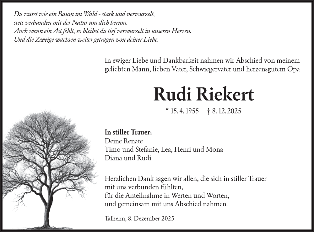  Traueranzeige für Rudi Riekert vom 08.01.2026 aus Schwäbische Tagblatt
