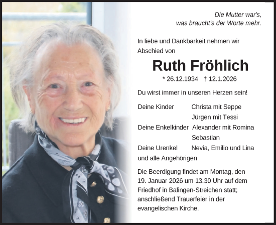 Traueranzeige von Ruth Fröhlich von SÜDWEST PRESSE Zollernalbkreis/Hohenzollerische Zeitung