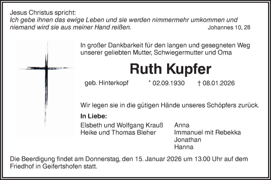 Traueranzeige von Ruth Kupfer von Haller Tagblatt