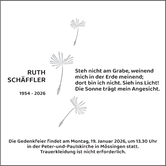 Traueranzeige von Ruth Schäffler von Schwäbische Tagblatt