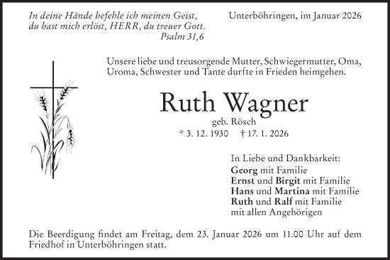 Traueranzeige von Ruth Wagner von Geislinger Zeitung
