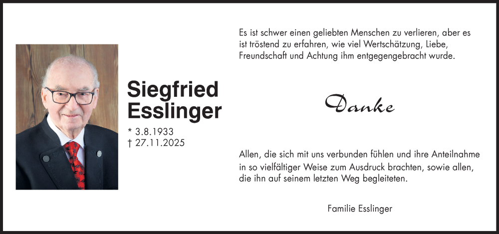  Traueranzeige für Siegfried Esslinger vom 12.01.2026 aus Neckar-Chronik