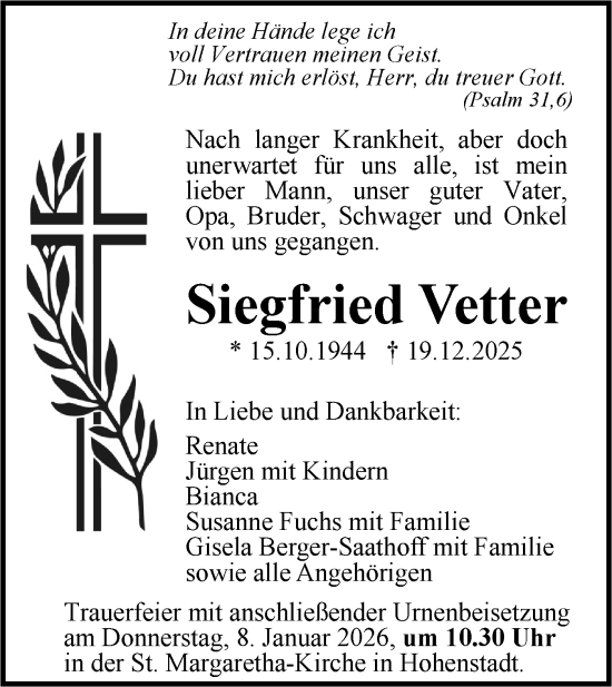 Traueranzeige von Siegfried Vetter von Geislinger Zeitung