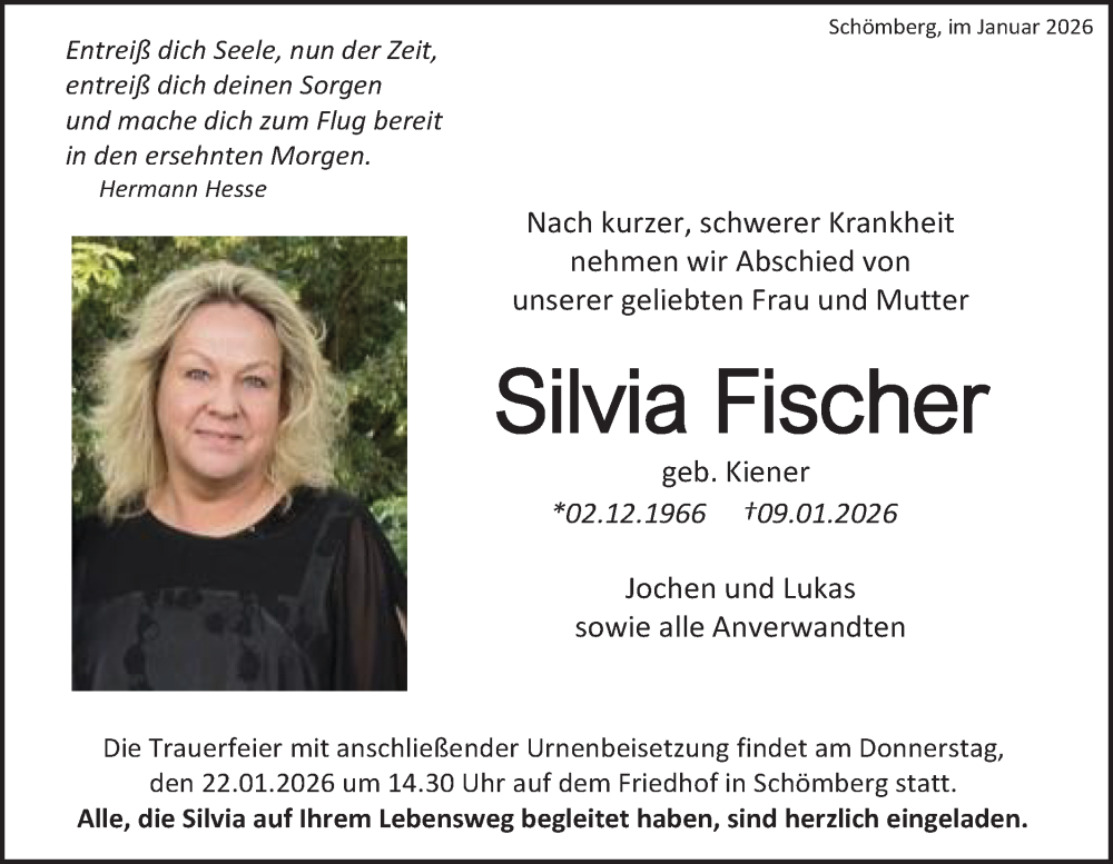  Traueranzeige für Silvia Fischer vom 17.01.2026 aus SÜDWEST PRESSE Zollernalbkreis/Hohenzollerische Zeitung