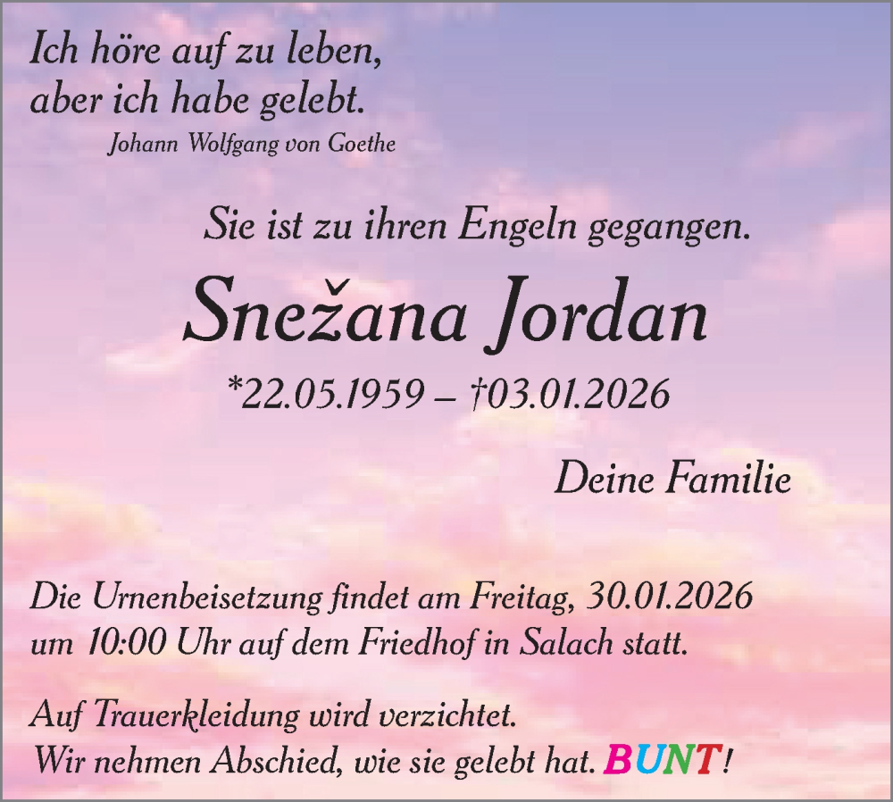  Traueranzeige für Snezana Jordan vom 24.01.2026 aus NWZ Neue Württembergische Zeitung