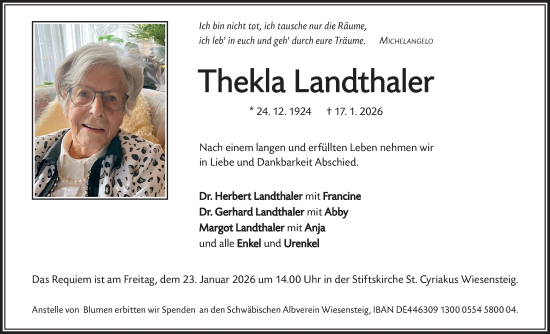 Traueranzeige von Thekla Landthaler von Geislinger Zeitung
