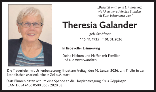 Traueranzeige von Theresia Galander von NWZ Neue Württembergische Zeitung