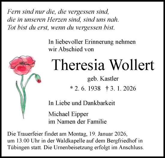Traueranzeige von Theresia Wollert von Schwäbische Tagblatt