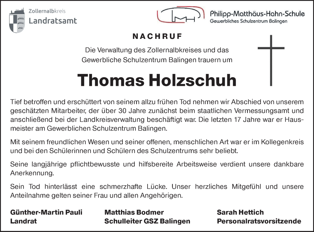  Traueranzeige für Thomas Holzschuh vom 17.01.2026 aus SÜDWEST PRESSE Zollernalbkreis/Hohenzollerische Zeitung