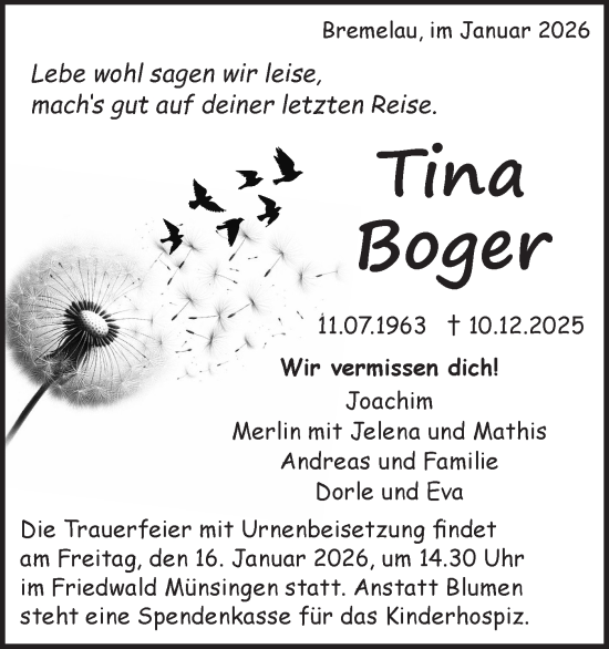 Traueranzeige von Tina Boger von Alb-Bote/Metzinger-Uracher Volksblatt